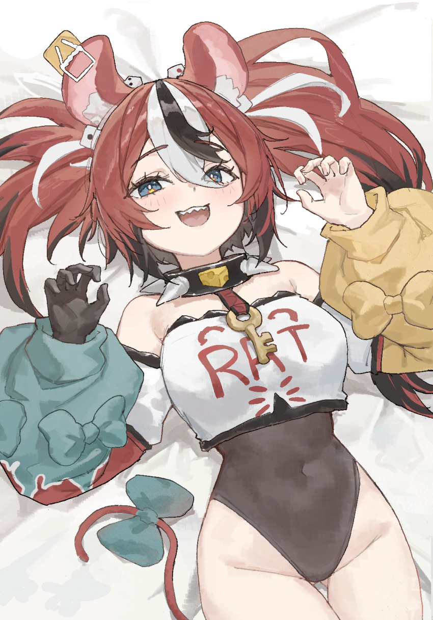 1girl, animal_ears, arch_05x, black_collar, black_gloves, black_hair, black_leotard, blue_bow, blue_eyes, blue_sleeves, bow, breasts, collar, commentary, crop_top, detached_sleeves, dice_hair_ornament, english_commentary, gloves, gluteal_fold, hair_ornament, hakos_baelz, hakos_baelz_(1st_costume), highres, hololive, hololive_english, leotard, leotard_under_clothes, long_hair, looking_at_viewer, medium_breasts, mouse_ears, mouse_girl, mouse_tail, multicolored_hair, open_mouth, red_hair, single_glove, smile, solo, spiked_collar, spikes, streaked_hair, tail, tail_bow, tail_ornament, teeth, twintails, upper_teeth_only, virtual_youtuber, white_hair, yellow_sleeves