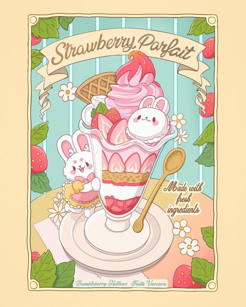 animal, animal-themed_food, animal_ear_fluff, apron, artist_name, banner, black_eyes, blue_background