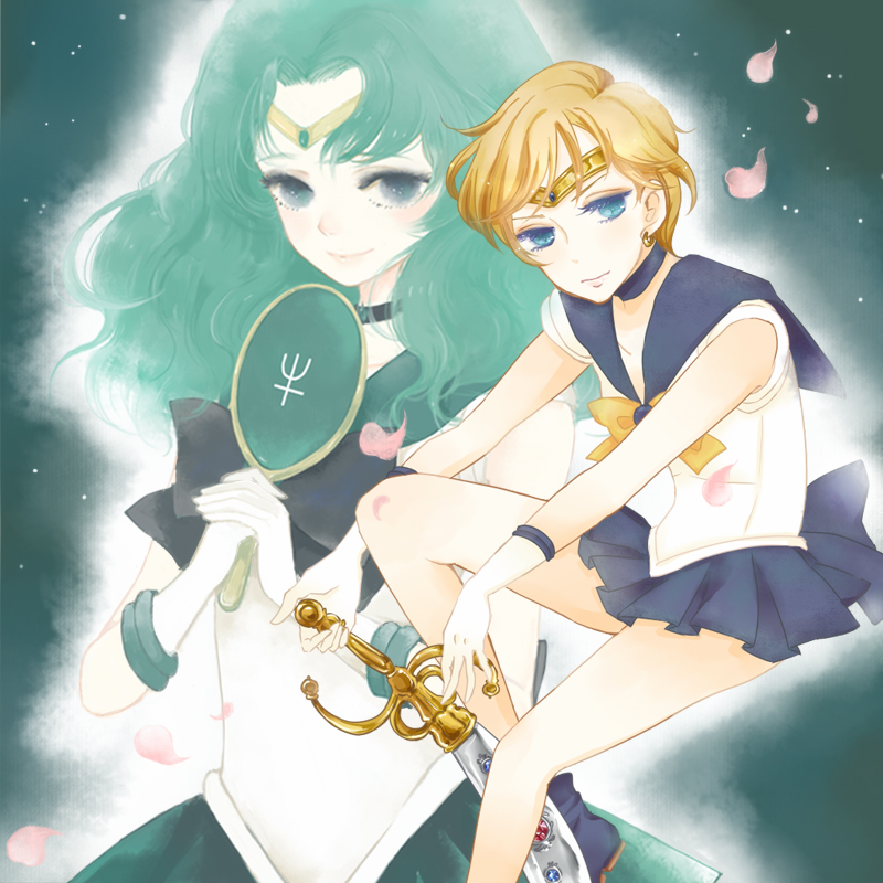 1990s_(style), 2girls, bad_id, bad_pixiv_id, bishoujo_senshi_sailor_moon, blue_sailor_collar, blue_skirt, bow