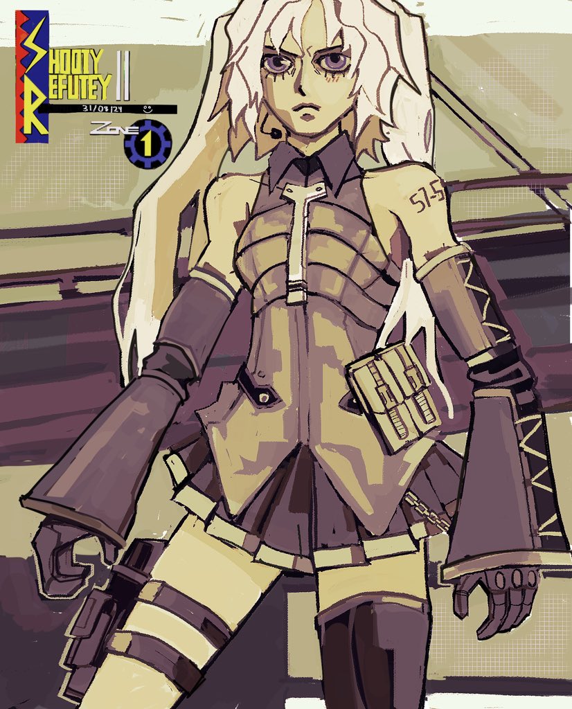 arm_tattoo, bonelessbastion, closed_mouth, cosplay, greyscale, hatsune_miku, long_hair, meme, metal_gear_(series), metal_gear_solid_2:_sons_of_liberty, microphone, monochrome, parody, raiden_(metal_gear), raiden_(metal_gear)_(cosplay), skirt, sleeveless, tattoo, thighhighs, twintails, vocaloid, white_hair, zettai_ryouiki