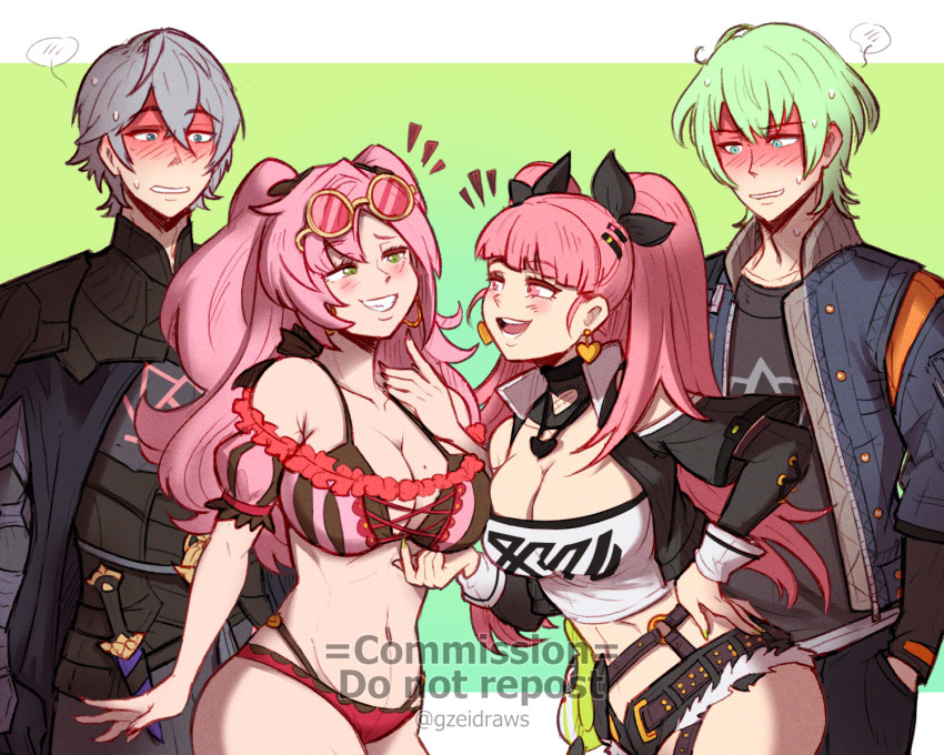 2boys, 2girls, :d, artist_name, asymmetrical_docking, black_ribbon, black_shirt, black_shorts, blue_eyes, blue_jacket, blush, breast_press, breasts, cleavage, commission, cosplay, costume_switch, cutoffs, fire_emblem, fire_emblem:_three_houses, fire_emblem_heroes, green_eyes, green_hair, grey_hair, grin, gzei, hair_ribbon, hand_up, highres, hilda_valentine_goneril, hilda_valentine_goneril_(cosplay), hilda_valentine_goneril_(summer), jacket, large_breasts, long_hair, long_sleeves, looking_at_another, male_byleth_(fire_emblem), male_byleth_(fire_emblem)_(cosplay), midriff, multiple_boys, multiple_girls, navel, nicole_demara, nicole_demara_(cosplay), nintendo, open_mouth, pink_hair, ribbon, shirt, short_hair, short_shorts, shorts, smile, stomach, strapless, tube_top, two_side_up, very_long_hair, vgen_commission, wise_(zenless_zone_zero), wise_(zenless_zone_zero)_(cosplay), zenless_zone_zero
