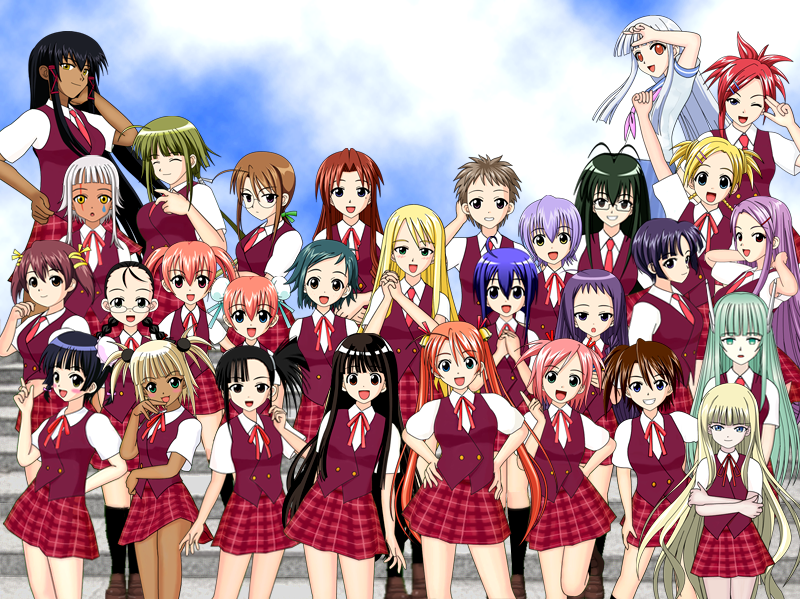 6+girls, ahoge, aisaka_sayo, akashi_yuuna, android, antenna_hair, arm_behind_head, arm_up