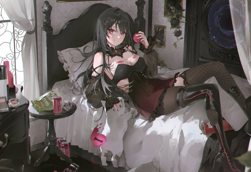 1girl, absurdres, apple, asymmetrical_footwear, asymmetrical_legwear, bare_shoulders, bed, black_boots