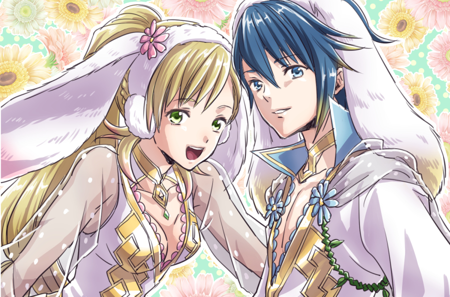 1boy, 1girl, alfonse_(fire_emblem), alfonse_(spring_prince)_(fire_emblem), animal_ears, blonde_hair, blue_hair, breasts