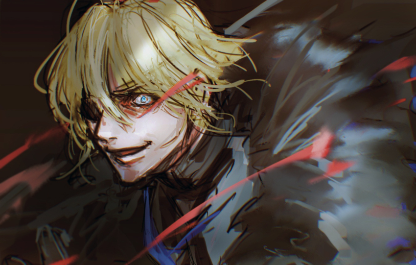 1boy, armor, black_armor, black_fur, blonde_hair, blue_eyes, breastplate, commentary_request