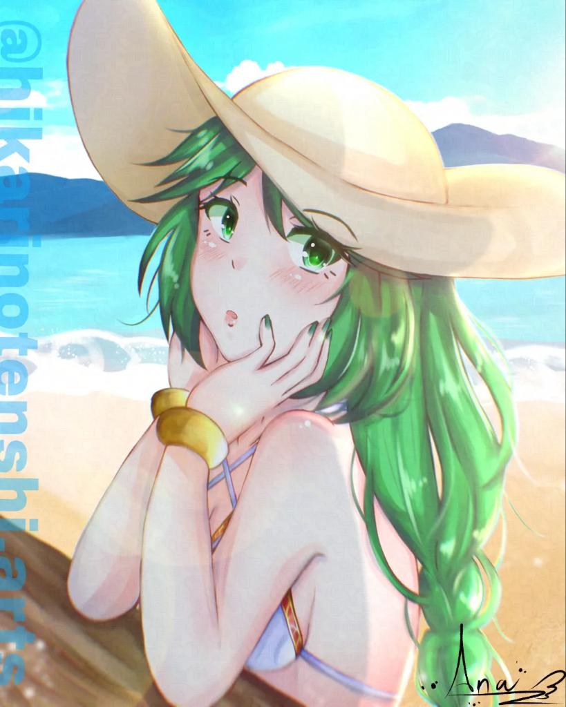 1girl, beach, bikini, blush, bracelet, breasts, green_eyes, green_hair