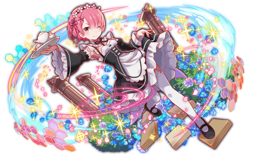 1girl, anime_coloring, apron, aqua_flower, aqua_hair, aqua_petals, artist_request, black_bow