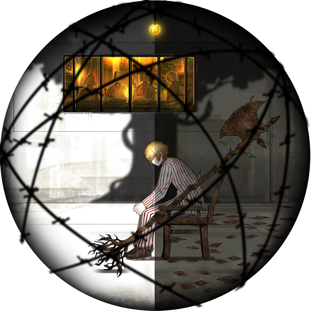 1boy, 4others, apple, axe, barbed_wire, blonde_hair, branch_of_knowledge_(e.g.o), brown_footwear, chair, cyborg, dinner, e.g.o_(project_moon), food, fruit, game_cg, golden_apple, leaf, limbus_company, multiple_others, nai_ga, object_head, official_art, plate, prison_clothes, project_moon, shadow, shoes, short_hair, sinclair_(project_moon), sitting, snake, solo_focus, table, tree, turkey_(food)