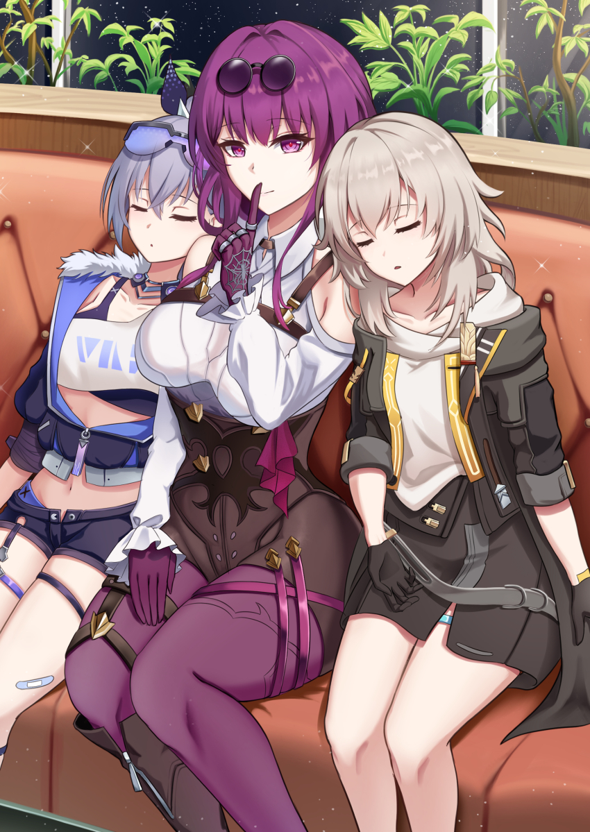 3girls, absurdres, bare_shoulders, black_gloves, black_jacket, black_shorts, breasts, choker