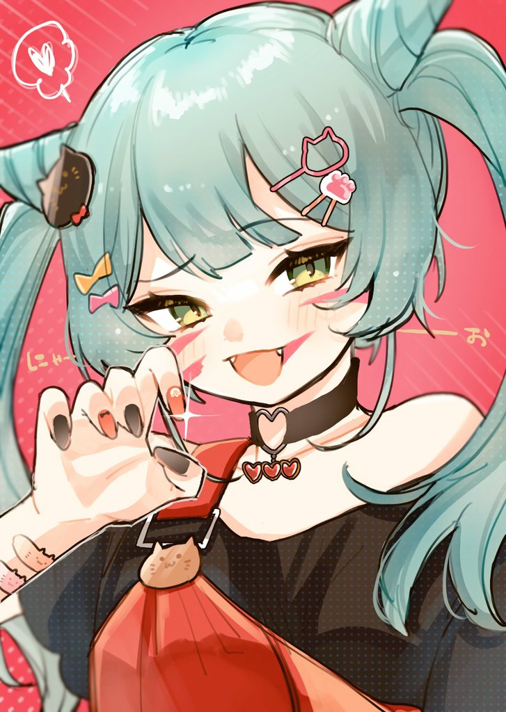 1girl, animal_(vocaloid), aqua_hair, bandaid_on_wrist, bare_shoulders, black_choker, black_nails, black_shirt