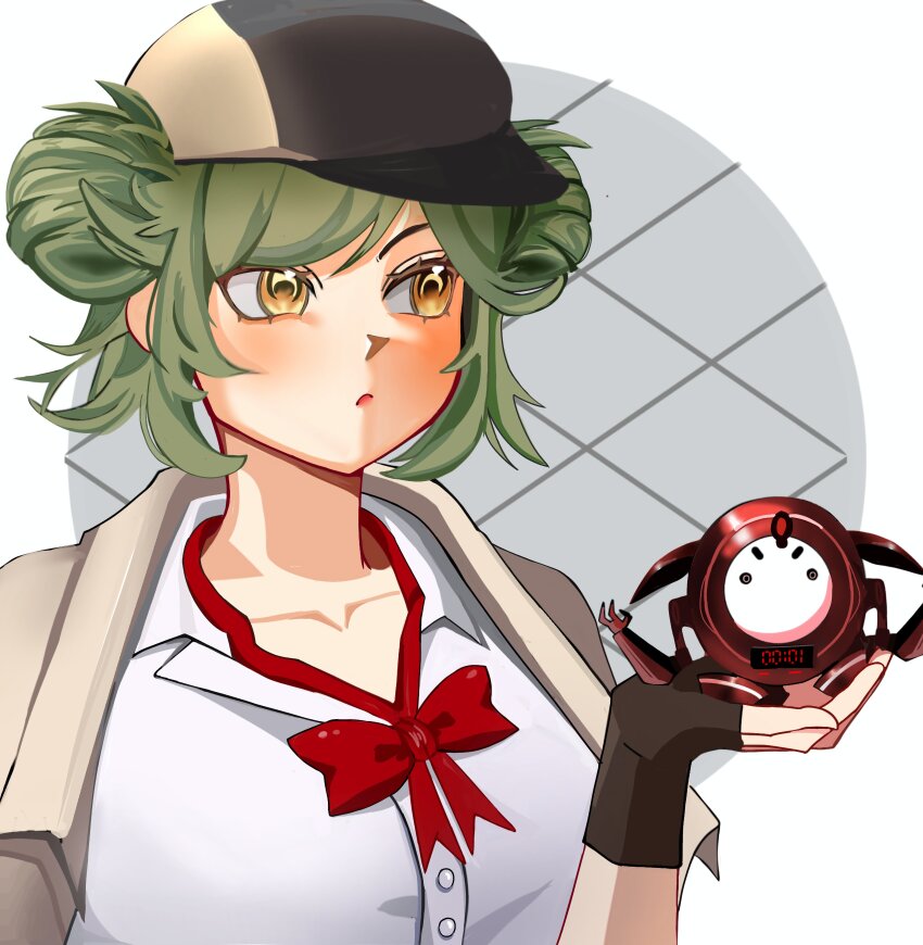 absurdres, ahomushi994, artist_request, bow, bowtie, breasts, brute_shot, buttons, detective, girls'_frontline, gloves, goliath_(girls'_frontline), green_hair, highres, jacket, large_breasts, magal_(girls'_frontline), magal_(miss_magal)_(girls'_frontline), open_mouth, yellow_eyes