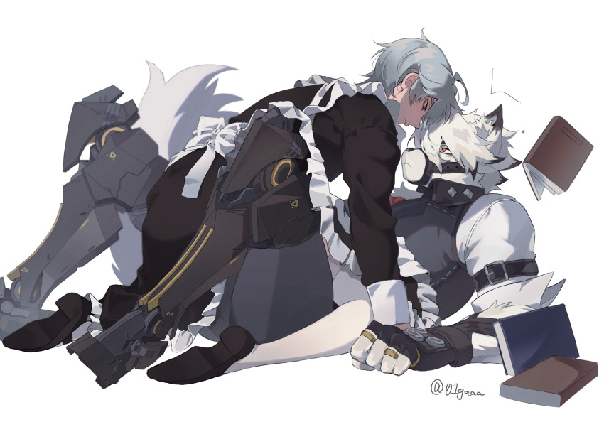 01gaaa, 2boys, ahoge, alternate_costume, animal_ear_fluff, animal_ears, apron, arm_belt