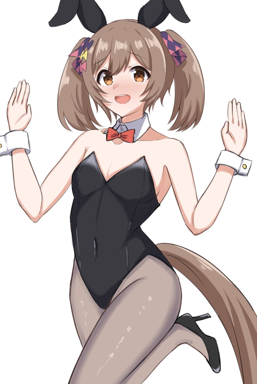 1girl, animal_ears, arms_at_sides, blush, breasts, brown_eyes, cleavage, collarbone