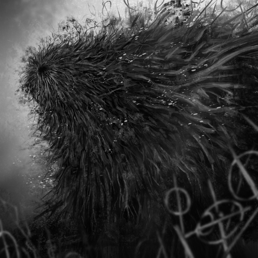 absurdres, commentary, darkness, dated_commentary, demon's_souls, greyscale, highres, monochrome, monster, no_humans, planted, planted_sword, planted_weapon, sword, the_old_one, weapon, xoo_(pixiv_100957810)