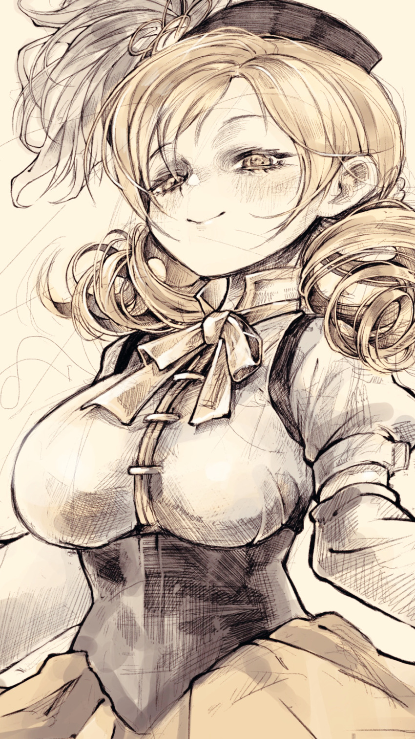 1girl, beret, black_corset, blonde_hair, bow, bowtie, breasts, closed_mouth