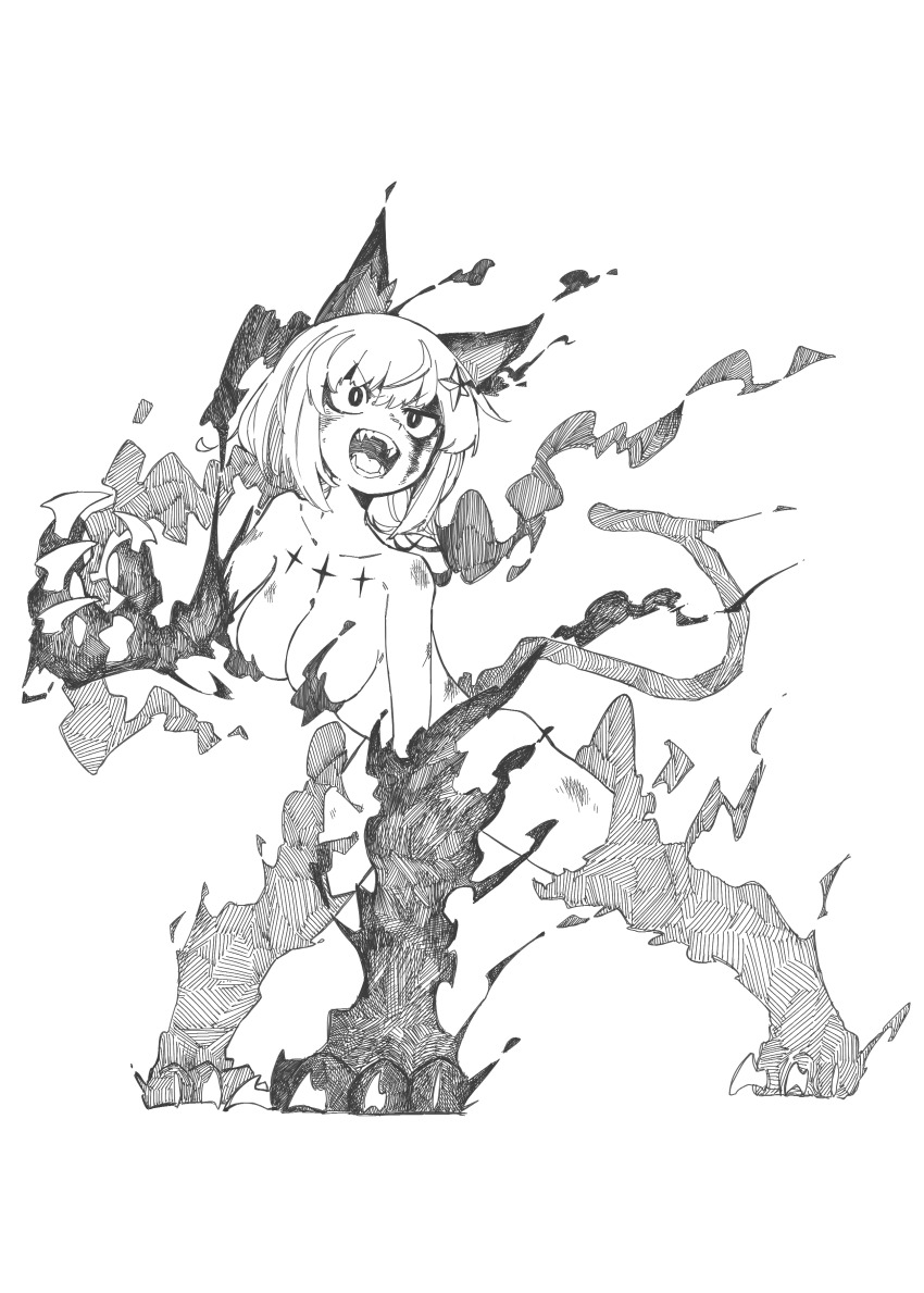 1girl, absurdres, animal_ears, blood, blood_on_face, breasts, bruise, bruise_on_leg, cat_ears, cat_girl, cat_tail, claws, commentary_request, cross_hair_ornament, full_body, green_hair, hair_ornament, hero_chi, highres, injury, large_breasts, leoparde_(mahou_shoujo_ni_akogarete), mahou_shoujo_ni_akogarete, nude, open_mouth, red_eyes, short_hair, simple_background, solo, tail, teeth, white_background