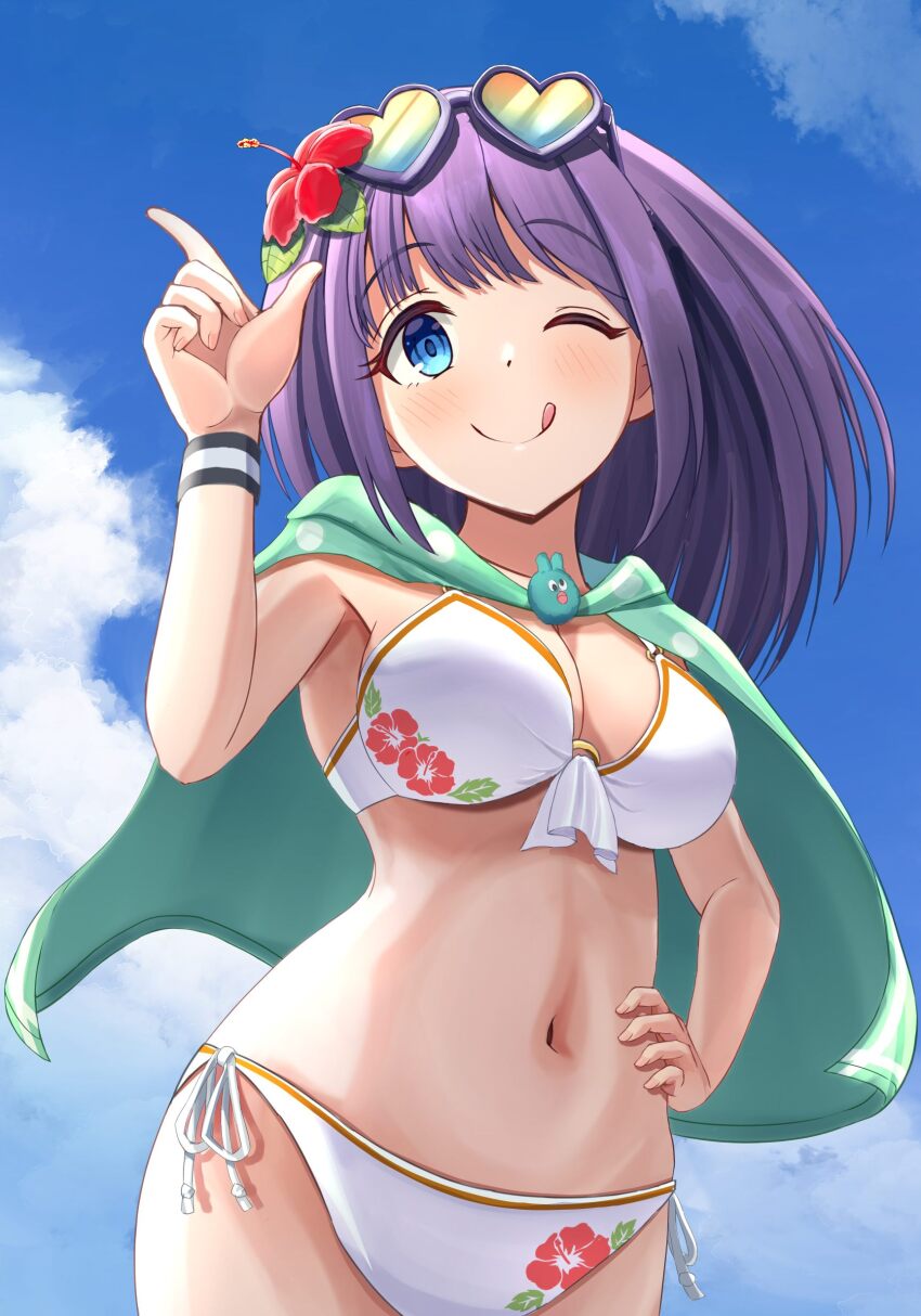 1girl, absurdres, bikini, blue_eyes, blue_sky, breasts, cape, cleavage, cloud, cowboy_shot, eyewear_on_head, floral_print, flower, front-tie_bikini_top, front-tie_top, green_cape, hair_flower, hair_ornament, hand_in_pocket, heart, heart-shaped_eyewear, hibiscus, highres, index_finger_raised, large_breasts, marimo_(midiina), medium_breasts, misora_(princess_connect!), navel, one_eye_closed, princess_connect!, purple_hair, side-tie_bikini_bottom, sky, solo, sunglasses, swimsuit, tongue, tongue_out, white_bikini, wristband