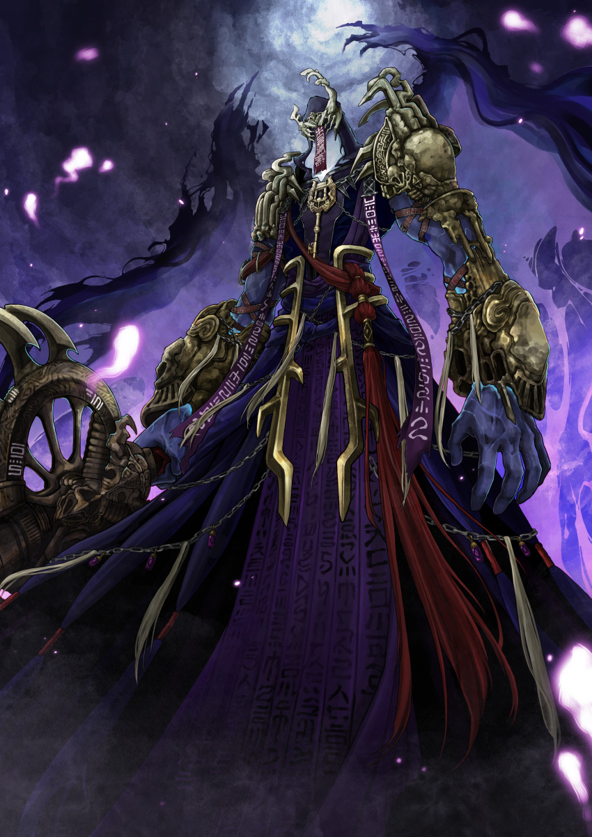 1boy, absurdres, armor, bone_armor, chain, charon_the_gatekeeper, clothes_writing, cloud, cloudy_sky, colored_skin, commentary, cowboy_shot, dungeon_and_fighter, from_below, highres, holding, holding_sword, holding_weapon, hood, hood_up, hooded_robe, male_focus, ofuda, pauldrons, pelvic_curtain, purple_robe, purple_skin, robe, shoulder_armor, sky, solo, sunlight, sword, tassel, vambraces, weapon, xoo_(pixiv_100957810)