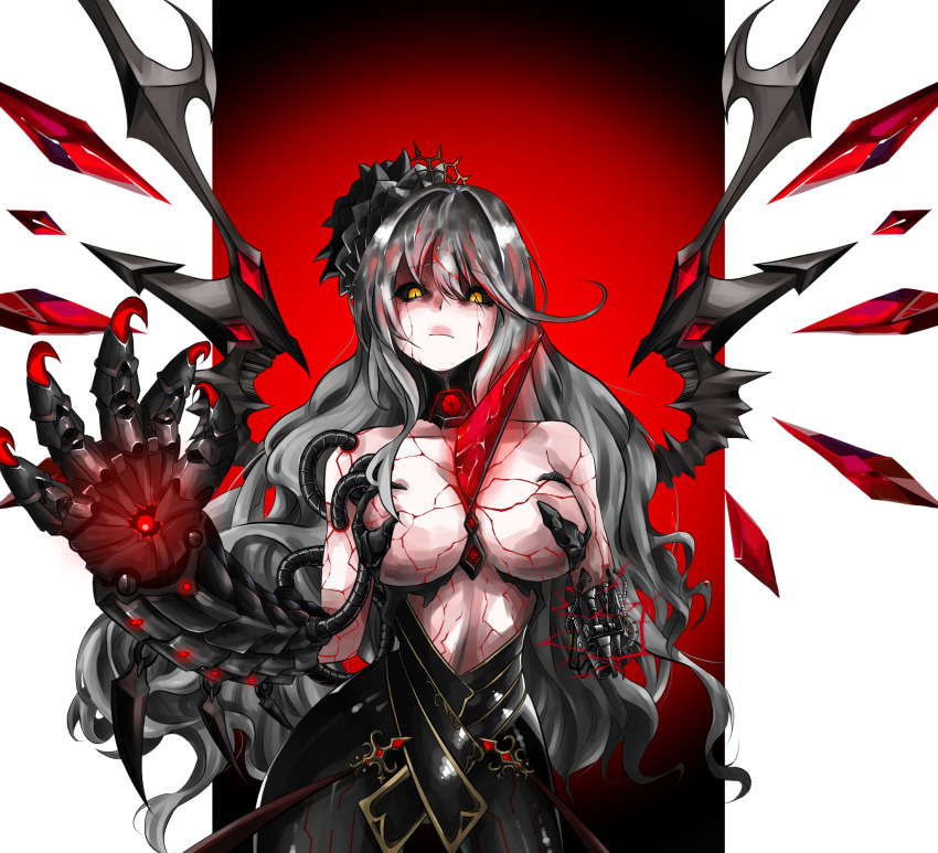 1girl, amputee, android, black_sclera, black_skirt, breasts, claws, closed_mouth