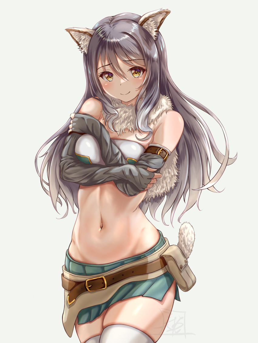 1girl, absurdres, animal_ear_fluff, animal_ears, bandeau, bare_shoulders, belt, belt_pouch