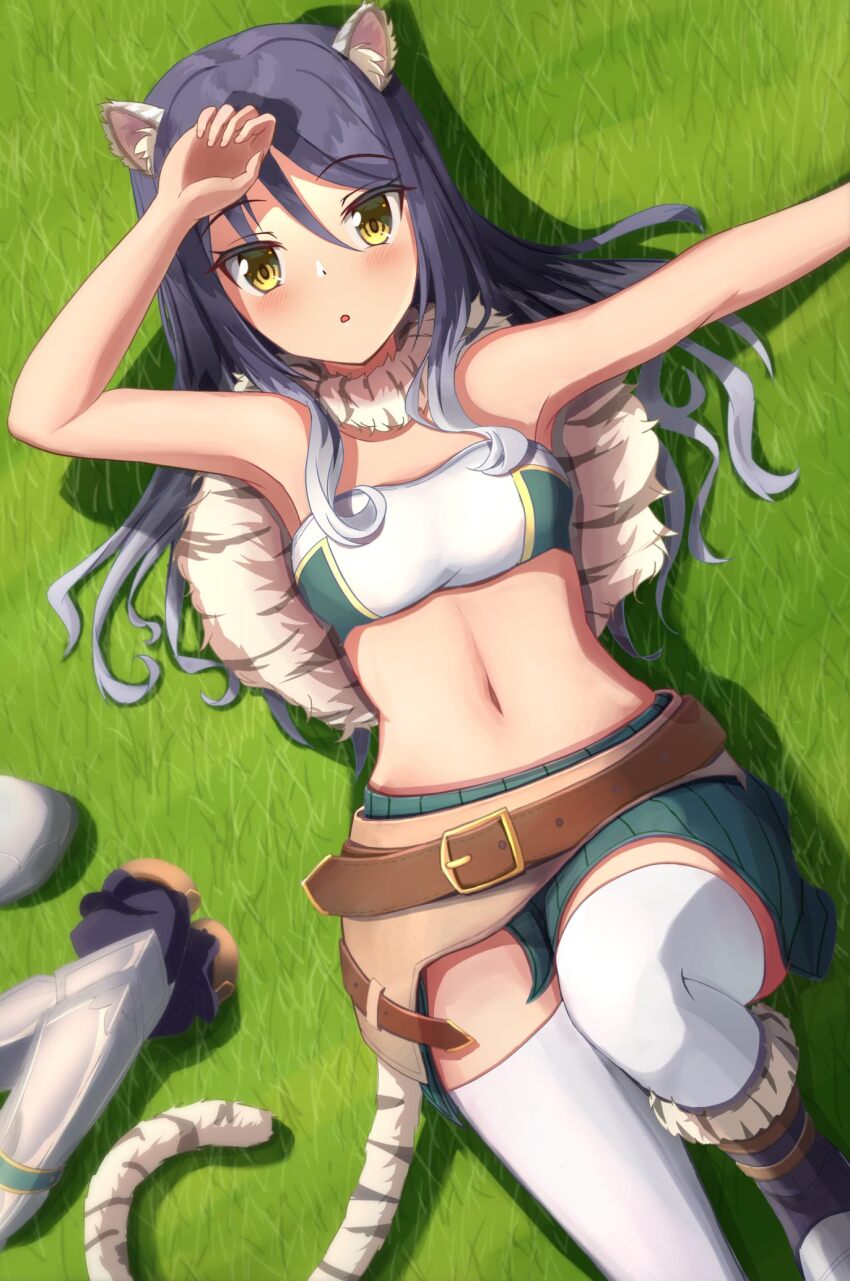 1girl, animal_ear_fluff, animal_ears, arm_up, belt, black_hair, boots, brown_belt, capelet, crop_top, from_above, fur-trimmed_boots, fur_capelet, fur_trim, gloves, gradient_hair, grass, green_skirt, grey_hair, hair_between_eyes, highres, knee_up, long_hair, looking_at_viewer, lying, marimo_(midiina), midriff, miniskirt, multicolored_hair, navel, on_back, on_ground, princess_connect!, shiori_(princess_connect!), skirt, solo, striped_tail, tail, thighhighs, tiger_ears, tiger_girl, tiger_tail, unworn_gloves, white_thighhighs, yellow_eyes
