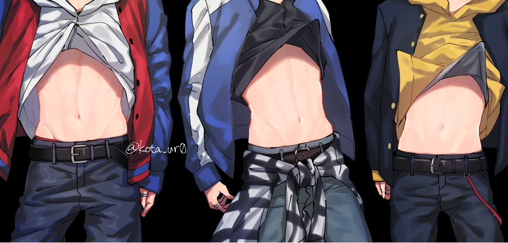 3boys, abs, arms_at_sides, belt, black_shirt, buster_bros!!!, clothes_around_waist, clothes_lift