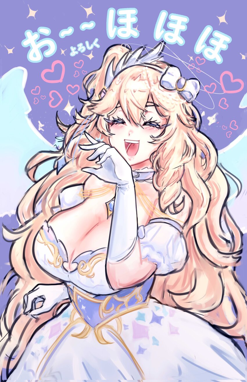 1girl, absurdres, blonde_hair, breasts, choker, closed_eyes, dress, elbow_gloves, exodamartworks, gloves, heart, highres, hime_hajime, hime_hajime_(4th_costume), large_breasts, laughing, long_hair, ojou-sama_pose, one_side_up, open_mouth, sleeveless, sleeveless_dress, smile, solo, virtual_youtuber, vshojo, white_choker, white_dress, white_gloves