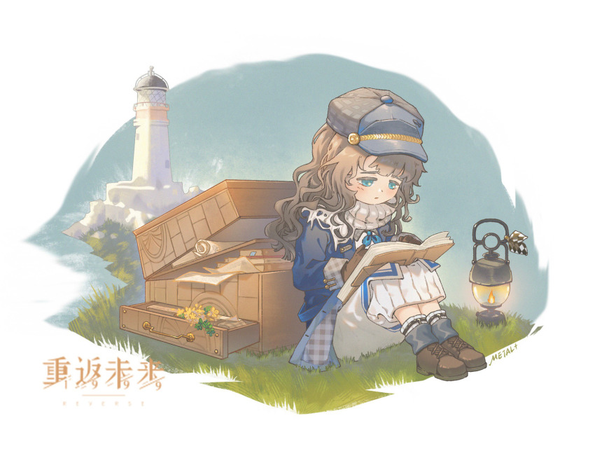 1girl, ankle_boots, blue_coat, blue_eyes, blue_sky, book, book_on_lap, boots