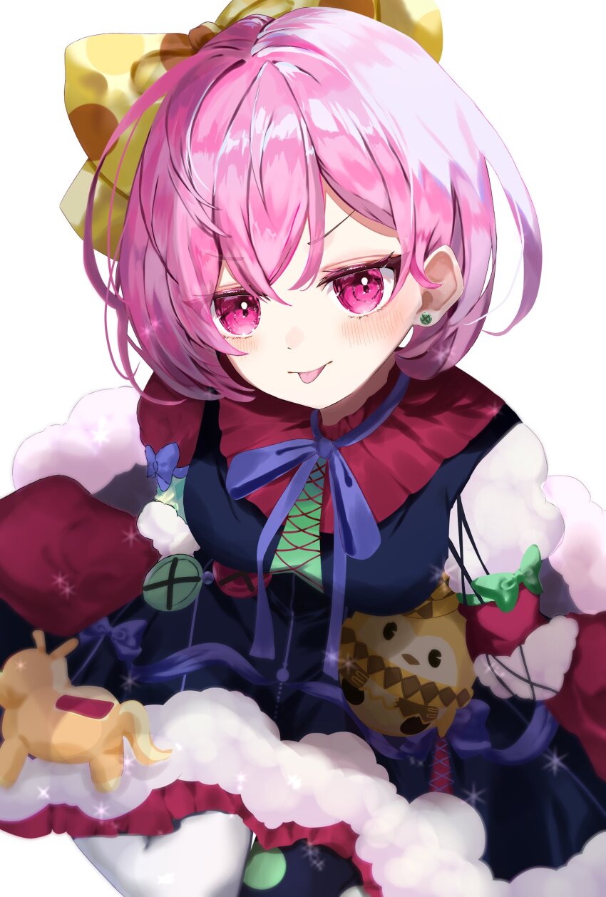 1girl, :p, absurdres, alternate_costume, bow, breasts, dress, earrings, frills, hair_bow, highres, jewelry, large_bow, looking_at_viewer, neu_33, ootori_emu, pink_eyes, pink_hair, project_sekai, ribbon, short_hair, simple_background, sitting, skirt, solo, tongue, tongue_out, white_background, wonderhorror~!?_na_kimodameshi!_(project_sekai)