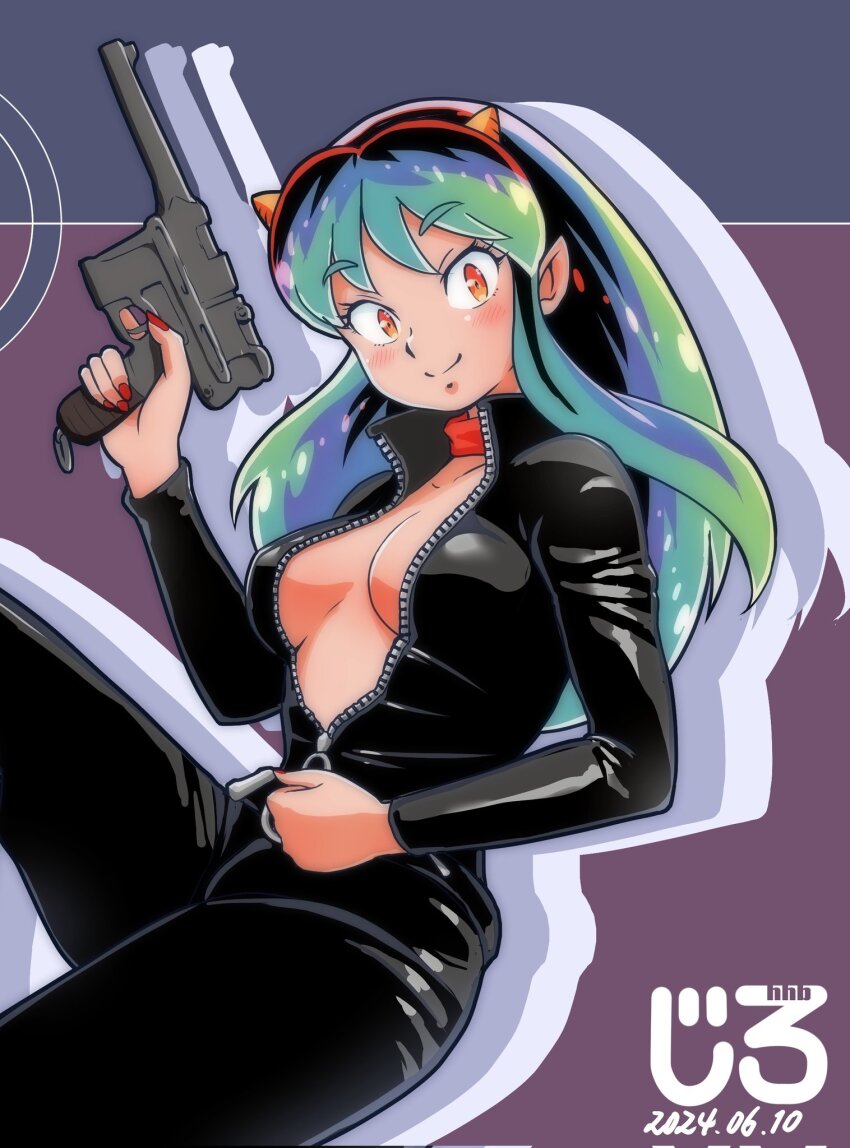 1girl, biker_clothes, bikesuit, bodysuit, breasts, cleavage, green_hair, gun