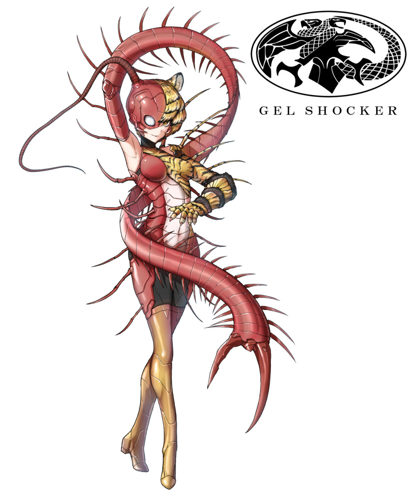 1girl, animal_ears, arm_up, arthropod_girl, arthropod_limbs, bodysuit, boots, centipede_girl, claws, commentary, cyborg, eidenjyou1997, english_commentary, genderswap, genderswap_(mtf), highres, impossible_bodysuit, impossible_clothes, kamen_rider, kamen_rider_(1st_series), logo, monster_girl, mukade_tiger, simple_background, single_blank_eye, slit_pupils, smile, solo, tentacles_as_hands, thigh_boots, tiger_ears, tiger_girl, tiger_stripes, white_background, yellow_boots, yellow_eyes