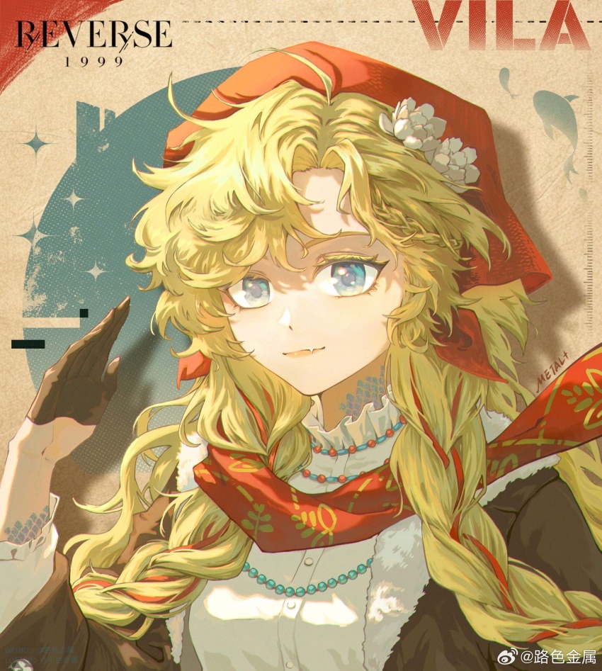 1girl, blonde_hair, blue_eyes, braid, brown_gloves, brown_jacket, character_name, copyright_name, fang, flower, gloves, hair_flower, hair_ornament, hand_up, headscarf, highres, jacket, light_brown_background, logo, long_hair, looking_at_viewer, metal_0521, portrait, red_scarf, reverse:1999, salute, scales, scarf, shadow, shirt, skin_fang, smile, solo, twin_braids, vila_(reverse:1999), watermark, weibo_watermark, white_flower, white_shirt