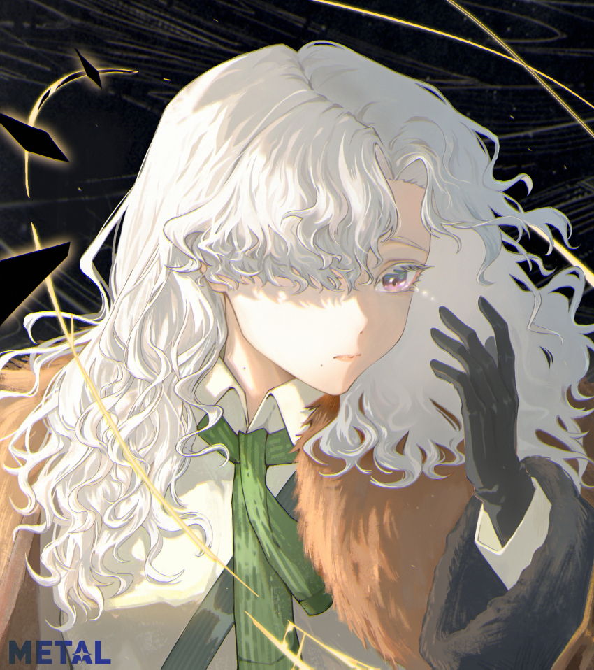 1girl, black_background, black_gloves, brown_coat, coat, collared_shirt, curly_hair, fur-trimmed_coat