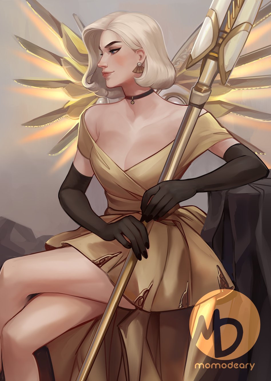 1girl, artist_logo, artist_name, bare_shoulders, blonde_hair, breasts, dress, elbow_gloves, formalwear_mercy, gloves, highres, holding, holding_staff, holding_weapon, logo, mechanical_wings, medium_breasts, mercy_(overwatch), momo-deary, overwatch, short_hair, sitting, solo, staff, weapon, wings, yellow_dress, yellow_wings