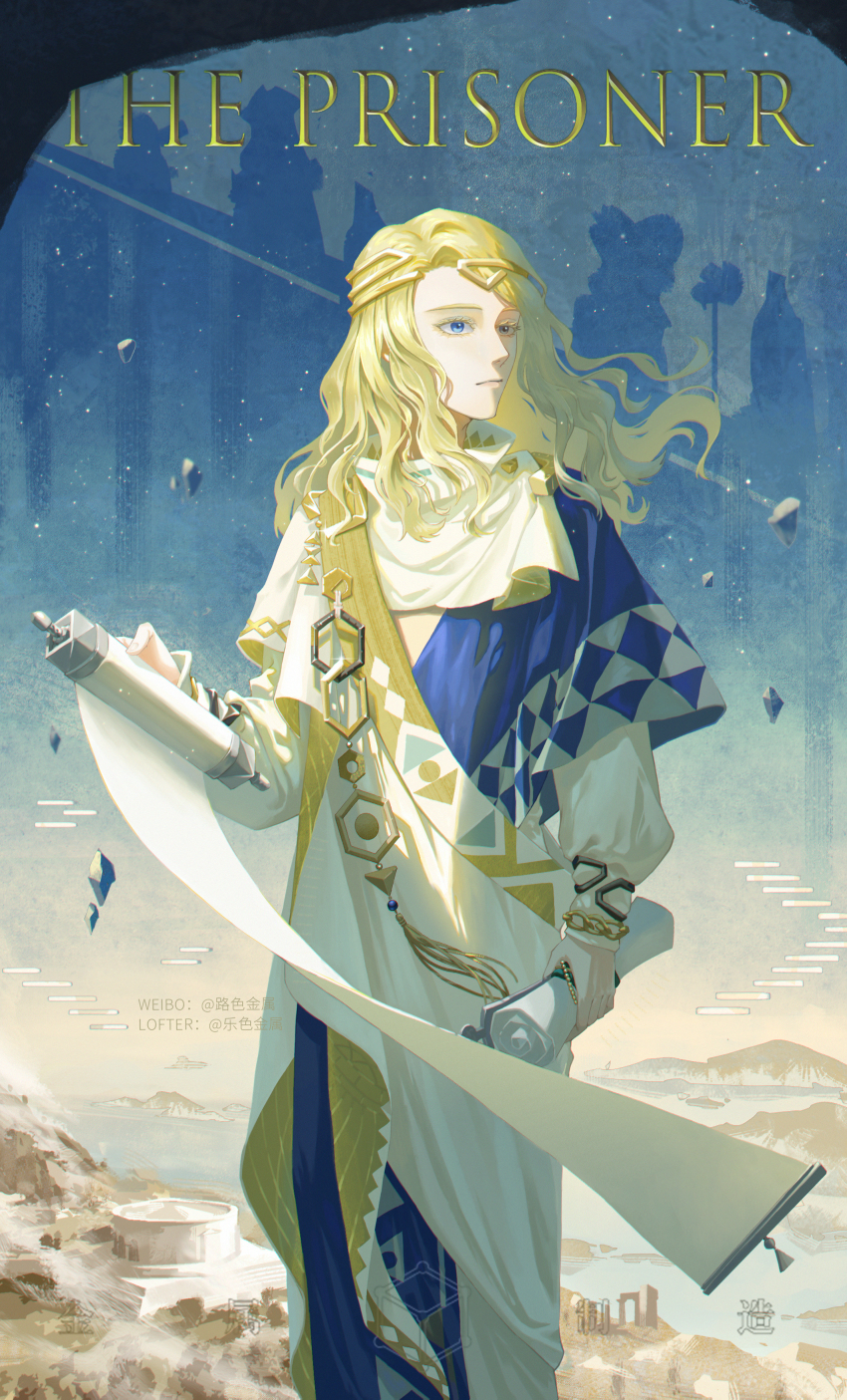 1boy, 6_(reverse:1999), absurdres, ancient_greek_clothes, blonde_hair, blue_eyes, blue_sky, circlet