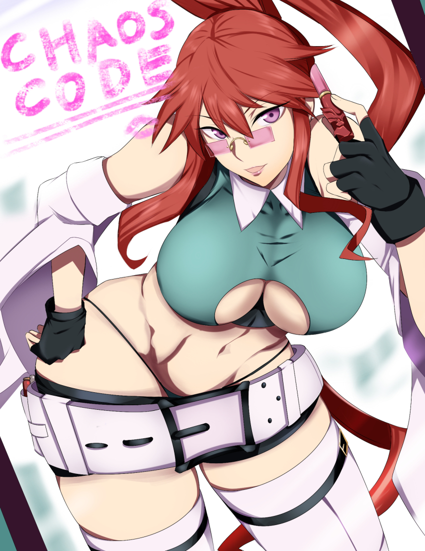 1girl, belt, breasts, chaos_code, commentary_request, fingerless_gloves, gaien_(jin_morisono), gloves