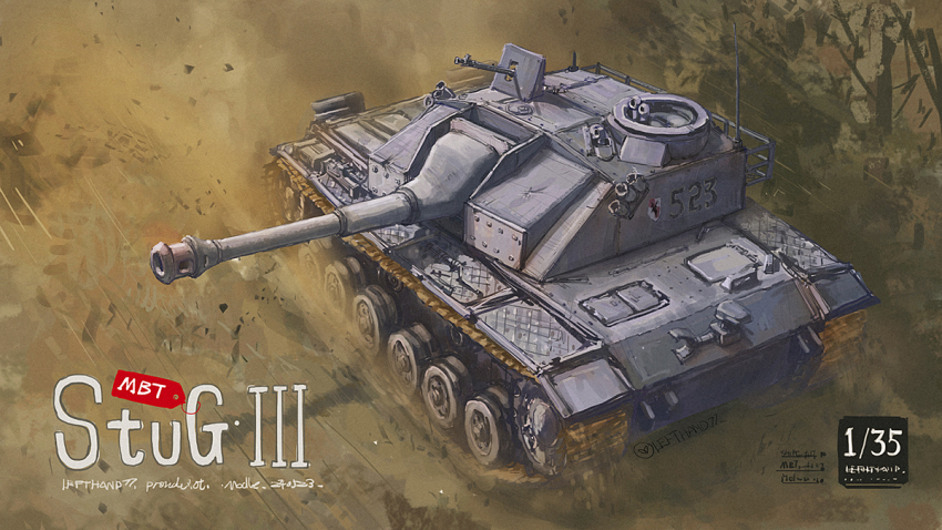 alternate_design, box_art, cannon, dust, fake_box_art, gun, lefthand77, machine_gun, military, military_vehicle, motor_vehicle, no_humans, original, scenery, stug_iii, tank, vehicle_focus, vehicle_name, weapon, wehrmacht