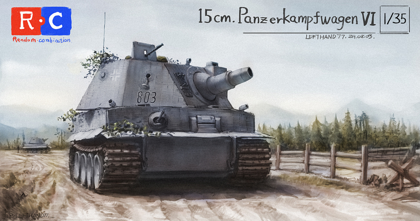 box_art, cannon, fake_box_art, fence, gun, lefthand77, machine_gun, military, military_vehicle, motor_vehicle, no_humans, original, sturmpanzer_iv_brummbar, tank, tiger_i, tree, vehicle_name, weapon, wehrmacht, world_war_ii