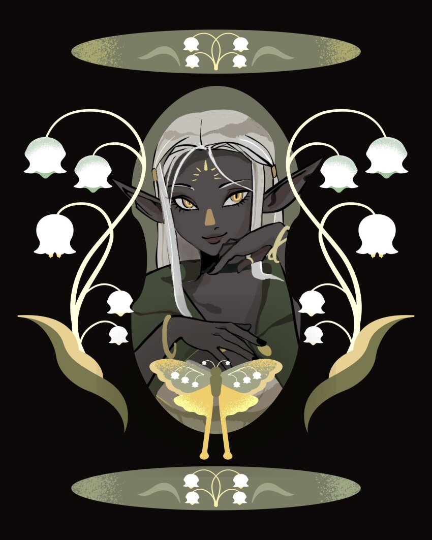 1girl, black_background, black_nails, bracelet, bug, butterfly, bxnke, choker