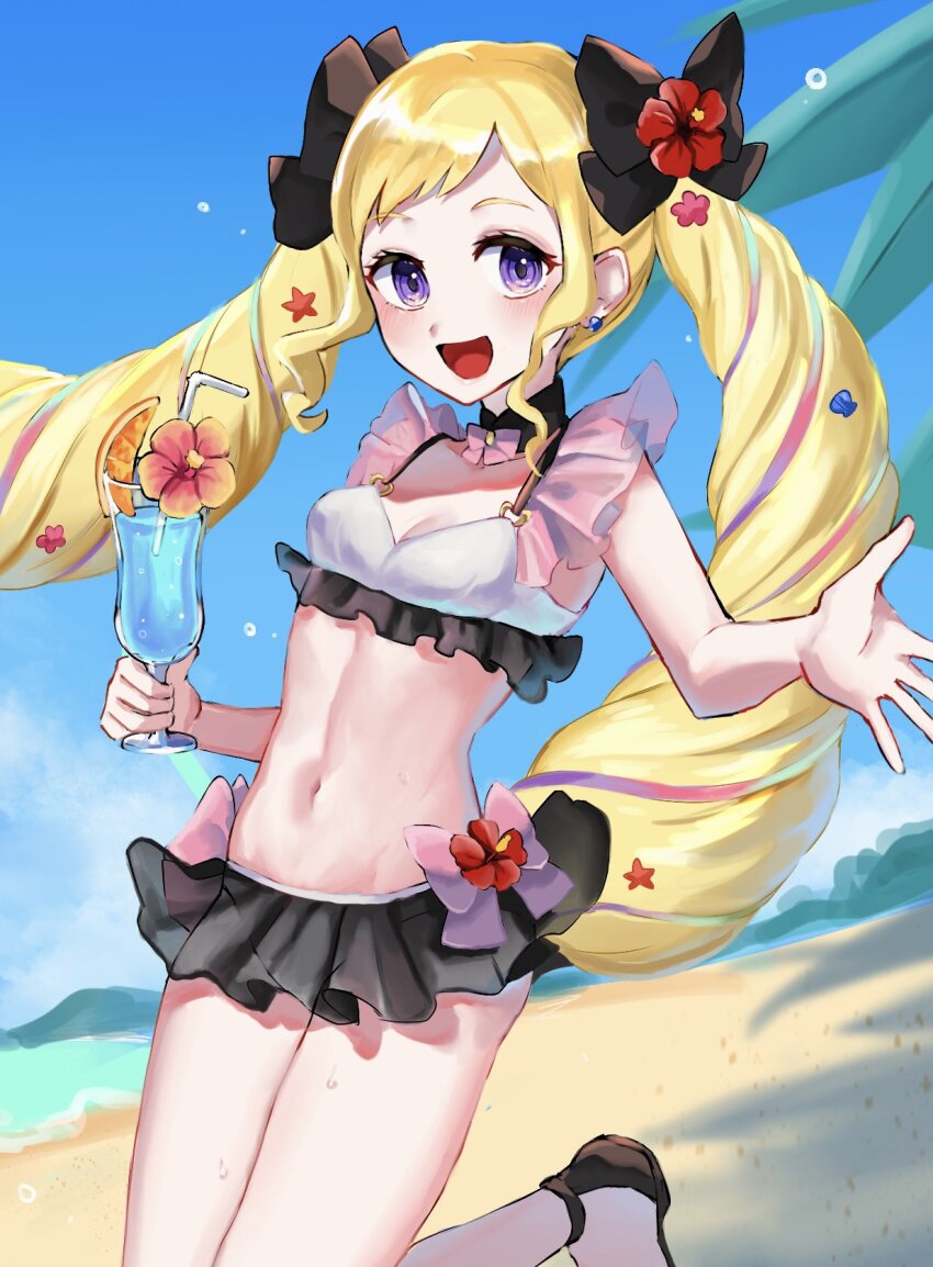 1girl, :d, alternate_costume, beach, bikini, black_bow, black_skirt, blonde_hair
