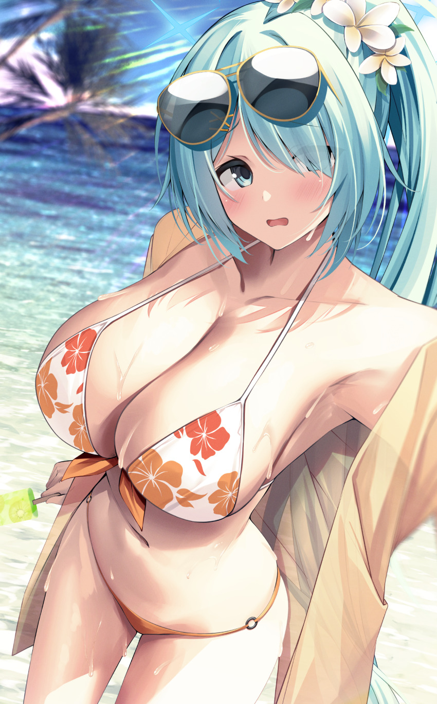 1girl, beach, bikini, blue_archive, blue_eyes, blue_hair, blush, breasts