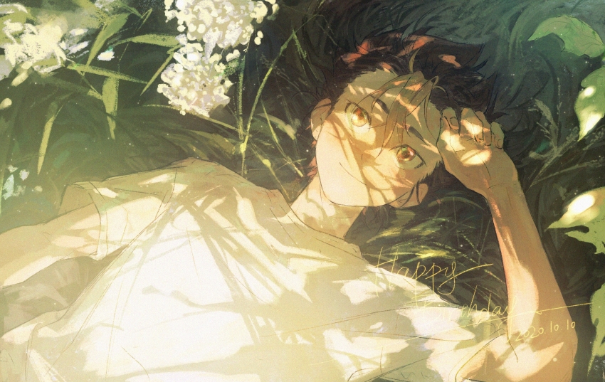 1boy, arm_up, brown_hair, closed_mouth, curled_fingers, dappled_sunlight, dated, english_text, flower, grass, haikyuu!!, happy_birthday, highres, leaf, looking_up, lying, male_focus, multicolored_hair, nishinoya_yuu, on_back, on_ground, orange_eyes, partially_shaded_face, plant, shirt, short_sleeves, shuitongyang, smile, solo, spiked_hair, streaked_hair, sunlight, upper_body, white_flower, white_shirt