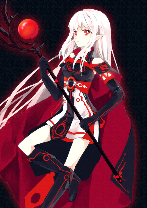 1girl, boots, cape, elbow_gloves, female_focus, gloves, long_hair, pixiv_fantasia, pixiv_fantasia_5, pointy_ears, red_eyes, solo, staff, white_hair, zeko