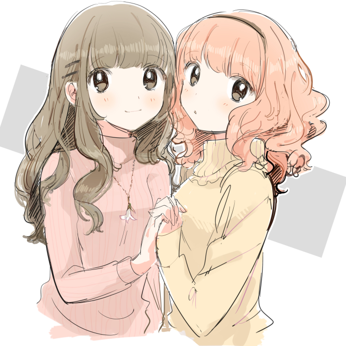 2girls, bemani, brown_eyes, brown_hair, brown_sweater, hair_ornament, hairband, hairclip