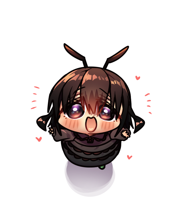 1girl, ant_girl, antennae, arthropod_girl, blush, brown_hair, chibi, chibi_only, commentary_request, from_above, green_footwear, hair_between_eyes, harumina_mau, heart, looking_at_viewer, main_ant_girl_(harumina_mau), notice_lines, open_mouth, original, outstretched_arms, personification, shadow, simple_background, solo, standing, white_background