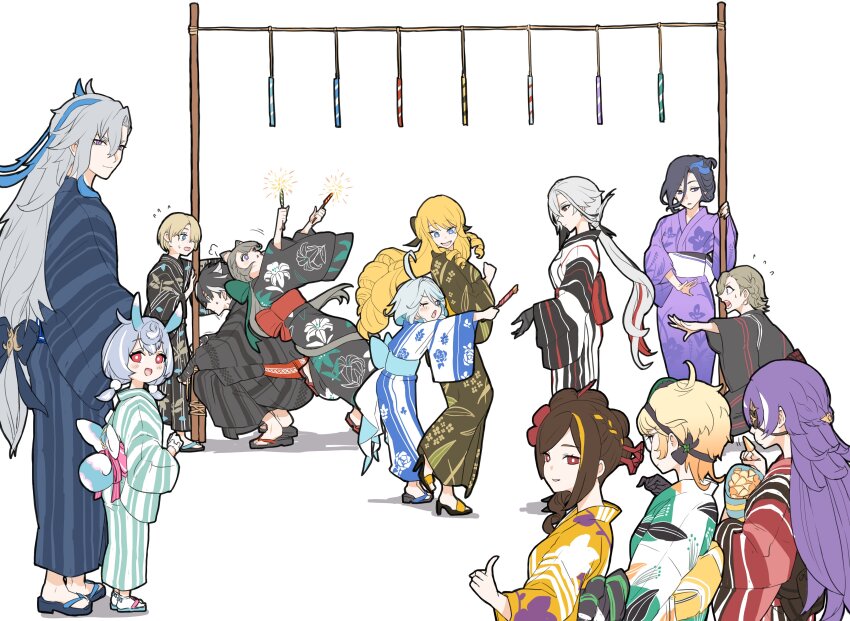 4boys, 6+girls, absurdres, ahoge, alternate_costume, animal_ears, arlecchino_(genshin_impact), black_hair