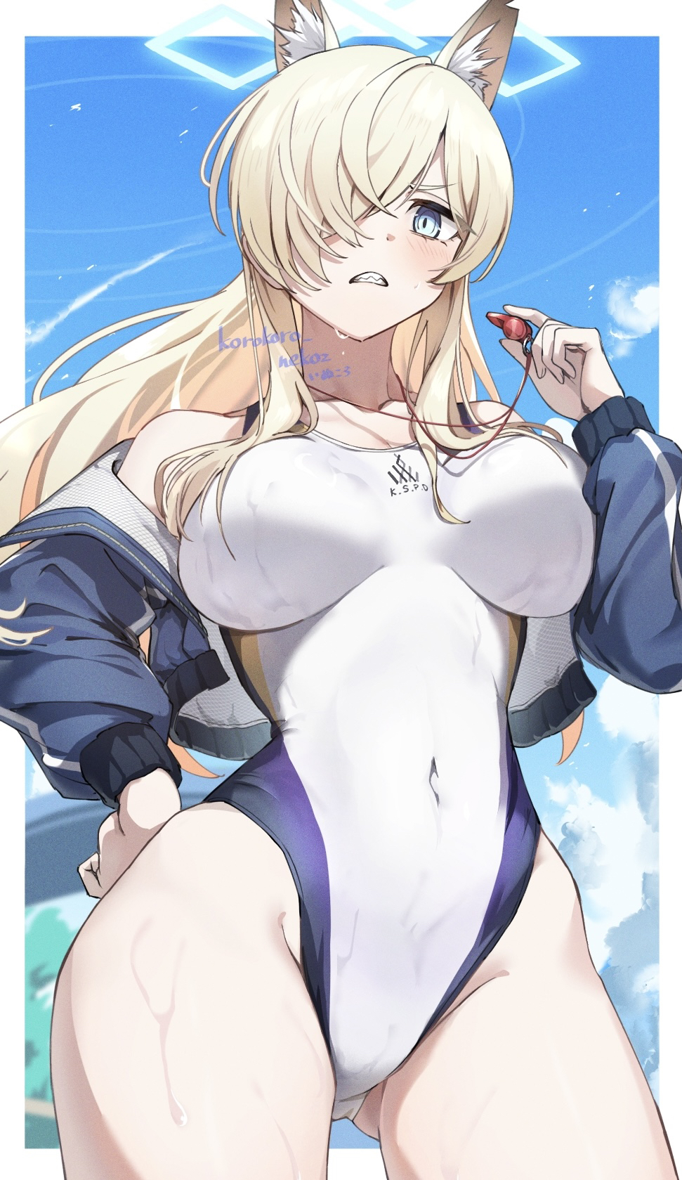 1girl, animal_ear_fluff, animal_ears, aqua_halo, artist_name, blue_archive, blue_eyes, blue_sky, blush, breasts, cameltoe, clenched_teeth, cloud, collarbone, commentary, competition_swimsuit, covered_navel, day, gluteal_fold, hair_over_one_eye, halo, hand_on_own_hip, highleg, highleg_one-piece_swimsuit, highres, holding, holding_whistle, impossible_clothes, kanna_(blue_archive), kanna_(swimsuit)_(blue_archive), korokoro_nekoz, large_breasts, long_hair, official_alternate_costume, one-piece_swimsuit, outdoors, sharp_teeth, sky, solo, swimsuit, teeth, wet, wet_clothes, wet_swimsuit, whistle, whistle_around_neck, white_one-piece_swimsuit
