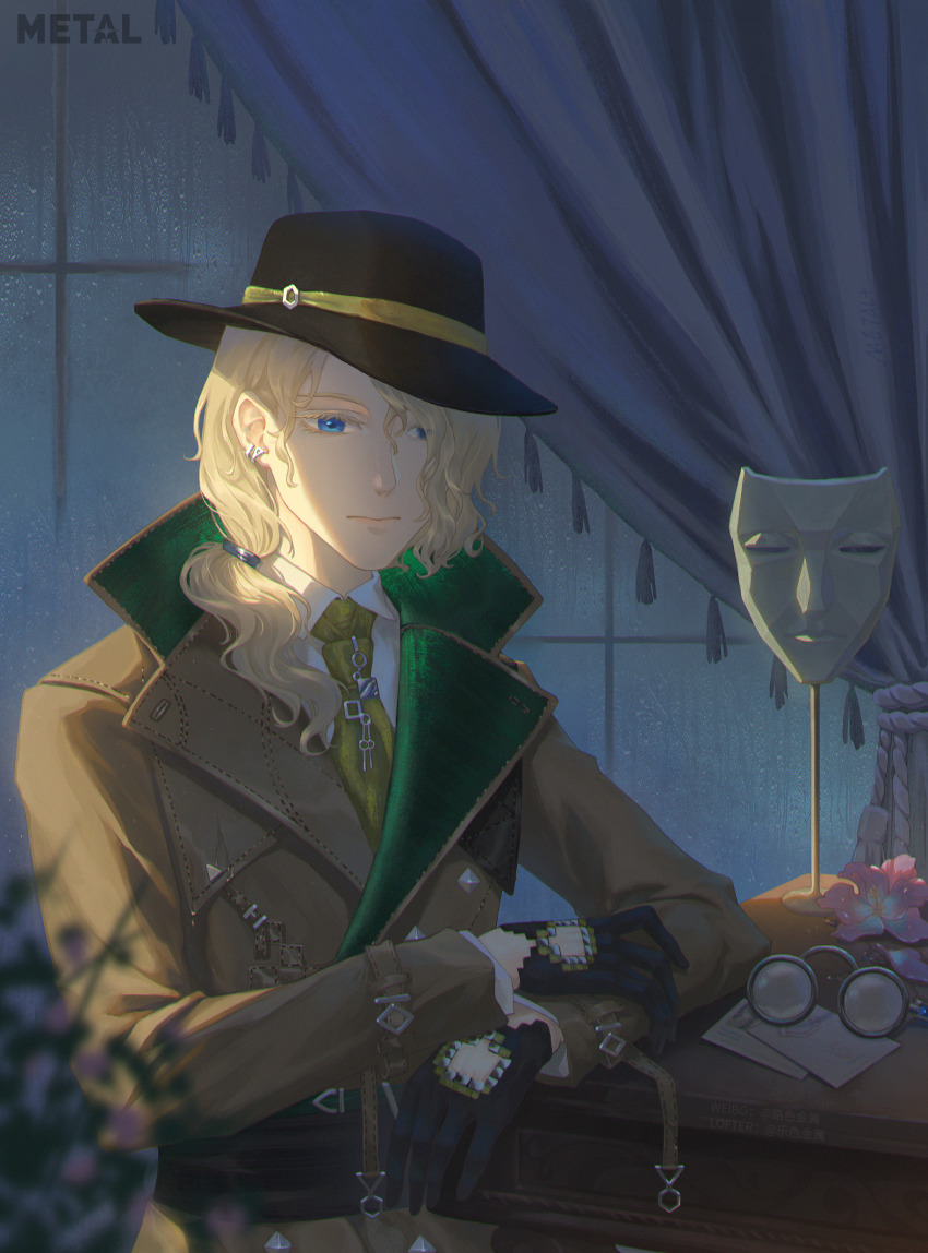 1boy, 6_(reverse:1999), 6_(time_and_location)_(reverse:1999), absurdres, black_gloves, black_hat, blonde_hair, blue_eyes