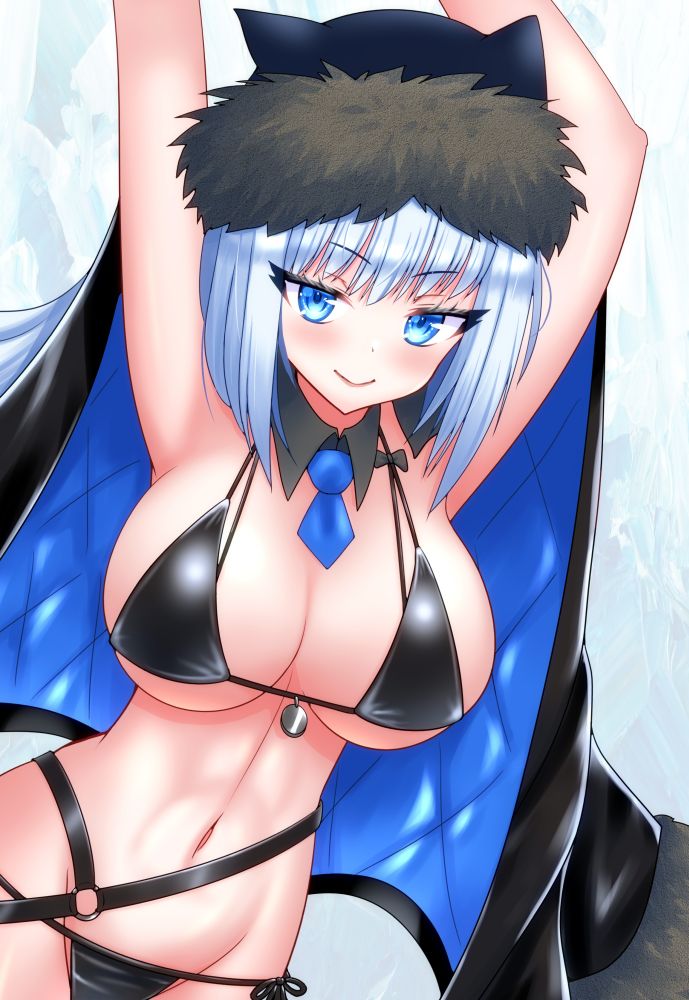 1girl, animal_ears, armpits, arms_up, bikini, black_bikini, black_hat, black_jacket, blue_eyes, blush, breasts, cat_ears, cat_girl, cleavage, degudoga, detached_collar, dobrynya_nikitich_(fate), dobrynya_nikitich_(swimsuit_lancer)_(first_ascension)_(fate), fate/grand_order, fate_(series), fur-trimmed_headwear, fur_trim, hat, jacket, jacket_on_shoulders, large_breasts, long_hair, looking_at_viewer, navel, necktie, smile, solo, swimsuit, white_hair