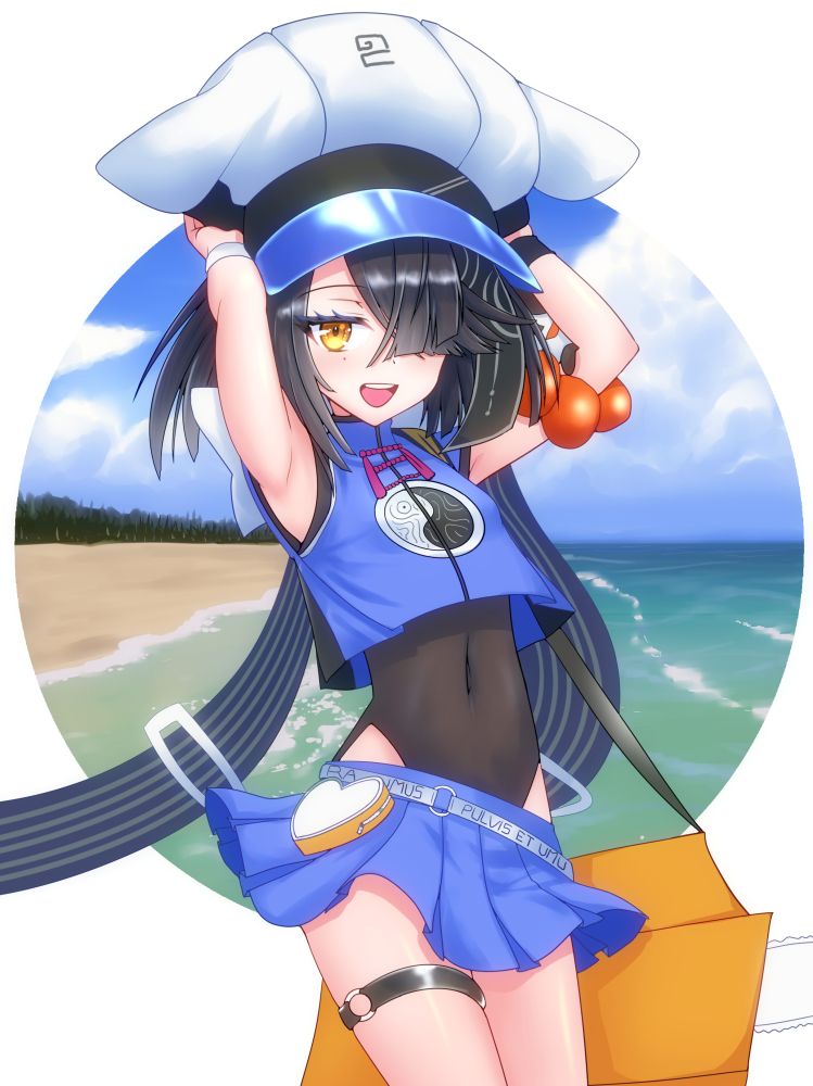 1girl, armpits, arms_behind_head, arms_up, bare_shoulders, beach, black_hair, black_one-piece_swimsuit